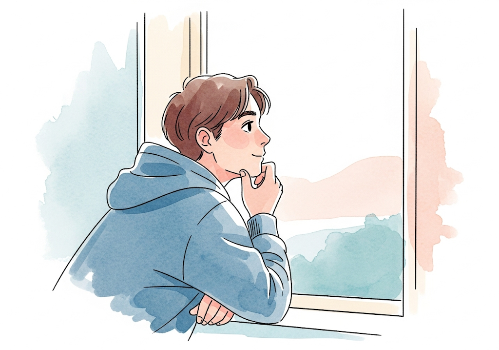 Person looking thoughtfully out a window